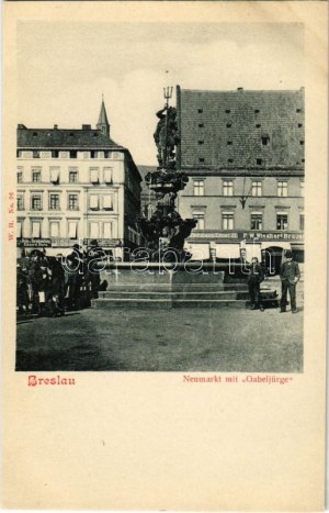 Wroclaw, Breslau, Boroszló ; Neumarkt mit Gabeljürge, Eduard Dura, Hermann Ernst, F.W. Wiesner's Brauerei / square...