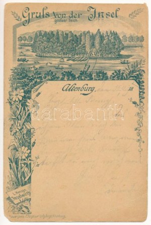 1892 (Vorläufer) Altenburg, Gruss von der Insel, grosser Teich. Hauenstein u. Nestler secesný, kvetinový (EB...