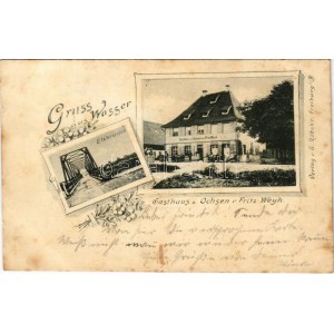 1904 Emmendingen, Gruss aus Wasser. Elzbrücke, Gasthaus z. Ochsen v. Fritz Weyh / most, hostinec. Secese, květinový (EB...