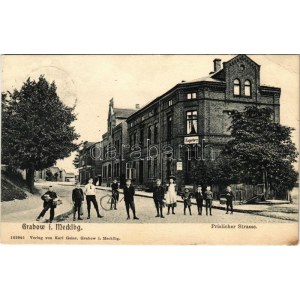 1906 Grabow, Prislicher Strasse / vue de la rue, bicyclette, magasin de papier peint (EB)