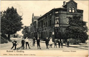 1906 Grabow, Prislicher Strasse / vue de la rue, bicyclette, magasin de papier peint (EB)