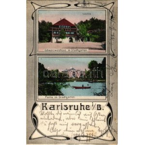 1908 Karlsruhe, Schwarzwaldhaus im Stadtgarten. Jugendstil (fl)