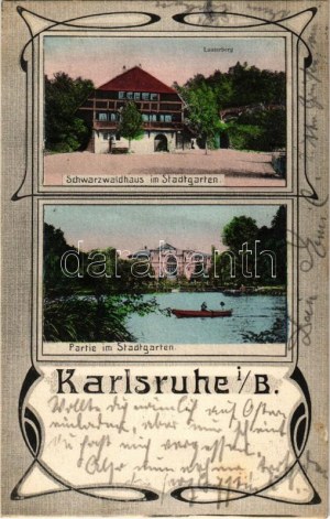 1908 Karlsruhe, Schwarzwaldhaus im Stadtgarten. Secesia (fl)