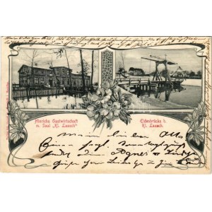 1905 Klein Laasch (Neustadt-Glewe), Hinrichs Gastwirtschaft m. Saal, Eldenbrücke / gospoda, most. Secesyjny, kwiatowy (EK...