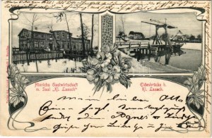 1905 Klein Laasch (Neustadt-Glewe), Hinrichs Gastwirtschaft m. Saal, Eldenbrücke / hostinec, most. Secesný, kvetinový (EK...