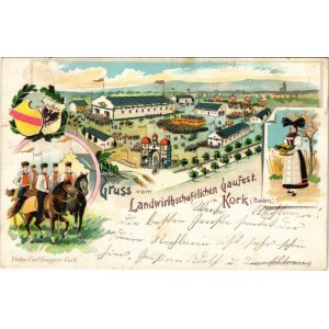 1905 Kork (Kehl), Gruss vom Landwirthschaftlichen Gaufest. Art Nouveau, floral, litho with coat of arms (small tears...