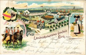 1905 Kork (Kehl), Gruss vom Landwirthschaftlichen Gaufest. Secesný, kvetinový, litografia s erbom (malé trhliny...