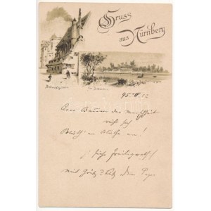 1895 (Vorläufer) Nürnberg, Norymberga; Bratwurstglöcklein, Batzenteich / restauracja i jezioro...
