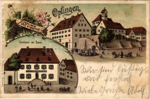 1904 Opfingen (Freiburg im Breisgau), Gasthaus zur Tanne. Jugendstil, floral, Litho (fl)