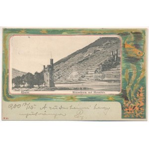 1900 Rhein, Reno; Mäusethurm und Ehrenfels / Torre e castello dei topi. Verlag Knackstedt &amp; Näther. Stile liberty...