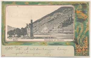 1900 Rhein, Reno; Mäusethurm und Ehrenfels / Torre e castello dei topi. Verlag Knackstedt & Näther. Stile liberty...