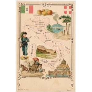 Italien / Italia. Carta geografica litografica in stile liberty con stemma e bandiera. Serie 74.