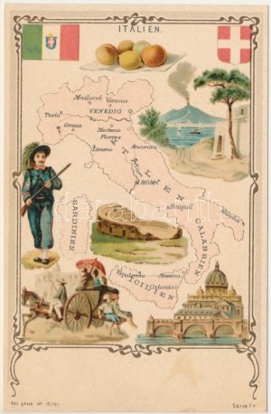 Italien / Itálie. Secesní litografická mapa s erbem a vlajkou. Série 74.