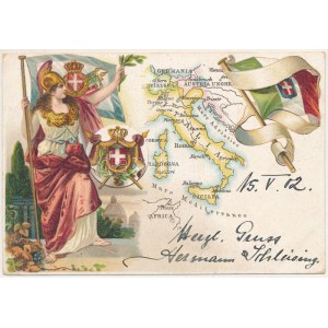 1902 Italia / Italia. Carta geografica litografica in stile liberty con stemma e bandiera (EK)