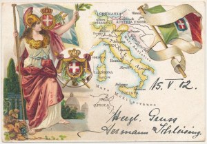 1902 Italia / Italia. Carta geografica litografica in stile liberty con stemma e bandiera (EK)