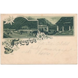 1900 Fortezza, Franzensfeste (Südtirol); Stationsgebäude, Höhe Brücke / nádraží a most, lokomotiva, vlaky...