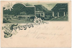 1900 Fortezza, Franzensfeste (Südtirol); Stationsgebäude, Höhe Brücke / železničná stanica a most, lokomotíva, vlaky...