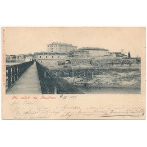 1899 (Vorläufer) Gradisca, Gradiska (Küstenland) ; vue générale, pont. Kunst-Anstalt v. J. Horowitz (Trieste) (fl...