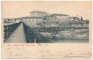 1899 (Vorläufer) Gradisca, Gradiska (Küstenland); Gesamtansicht, Brücke. Kunst-Anstalt v. J. Horowitz (Triest) (fl...
