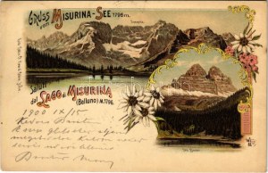 1900 Lago di Misurina, jazero Misurina (Belluno); Gruss vom Misurina-See. Sorapiss, Drei Zinnen...