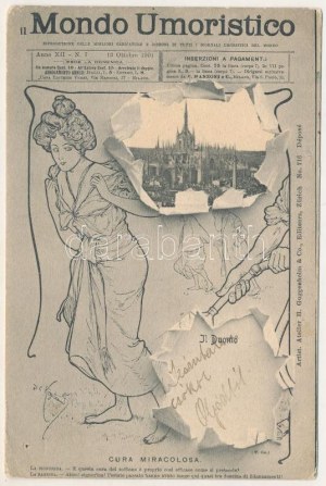 1903 Milano, Il Duomo. Mondo Umoristico, Cura Miracolosa. H. Guggenheim & Co. / Secesní fotomontáž s novinovými s...