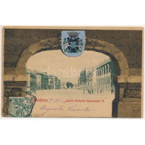 1903 Modena, Corso Vittorio Emanuele II. Cromo Fototipie Enrico Genta / street. Secese, litografický erb...