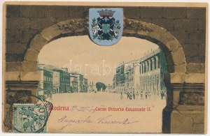 1903 Modena, Corso Vittorio Emanuele II. Cromo Fototipie Enrico Genta / strada. Stile liberty, stemma in litografia...
