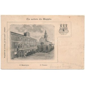1899 (Vorläufer) Muggia, Il Municipio, Il Duomo / town hall, cathedral, coat of arms (pinhole)