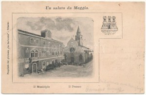 1899 (Vorläufer) Muggia, Il Municipio, Il Duomo / ratusz, katedra, herb (otwór)