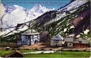 Passo Pordoi, Pordoijoch (Dolomiti, Dolomites; Südtirol); Christomannos Haus am Pordoijoch mit Marmolata / rest house ...