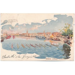 Venezia, Venice; La regata (In partenza) / The Historic Regatta start. F. Guggua litho (Rb)