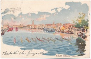 Venezia, Benátky; La regata (In partenza) / The Historic Regatta start. F. Guggua litho (Rb)