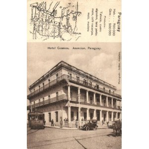 Asunción, Hotel Cosmos, tramvaj s automobily, mapa. Fotograf Grüter (EK)