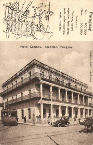 Asunción, Hotel Cosmos, tramvaj s automobily, mapa. Fotograf Grüter (EK)
