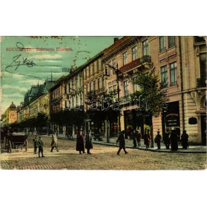 1913 Bukurešť, Bukarest, Bucuresti, Bucuresci; Bulevardu Elisabeta / pohľad z ulice, obchody (EB)