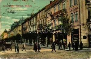 1913 Bucarest, Bukarest, Bucuresti, Bucuresci ; Bulevardu Elisabeta / vue de la rue, magasins (EB)