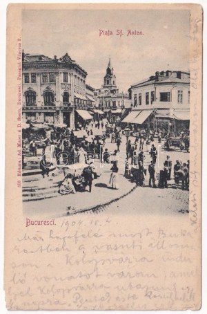1904 Bukareszt, Bukarest, Bucuresti, Bucuresci; Piata Sf. Anton / plac, rynek (mokre uszkodzenia)