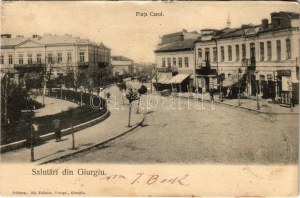1904 Giurgiu, Gyurgyevó, Gyurgyó; Piata Carol / square, Hotel Paris, sklepy. Editura Ed. Fellmer Fotogr. (EM...