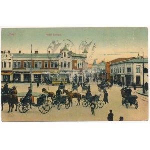 1909 Iasi, Jasi, Jassy, Jászvásár; Hotel Europa, tram, shop of Alexieff, horse-drawn carriages (wet corner...