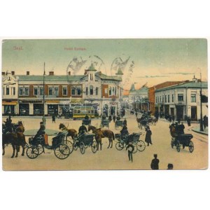 1909 Iasi, Jasi, Jassy, Jászvásár; Hotel Europa, tramwaj, sklep Alexieffa, powozy konne (mokry narożnik...