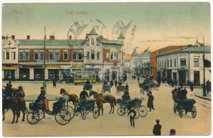 1909 Iasi, Jasi, Jassy, Jászvásár; Hotel Europa, tram, negozio di Alexieff, carrozze trainate da cavalli (angolo bagnato...