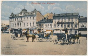 1918 Ploiesti, Ploesti, Ploesci; náměstí, pohled z ulice, banka, obchody (fa)