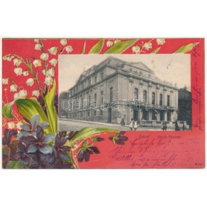 1900 Bazilej, Mestské divadlo / divadlo. Rathe &amp; Fehlmann 419. Secesný, litografický rám s kvetmi (fl...