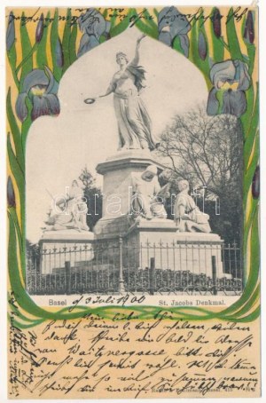 1900 Bazilej, St. Jacobs Denkmal / pamätník. Rathe & Fehlmann 415. Secesný, litografický rám s kvetom (EK...