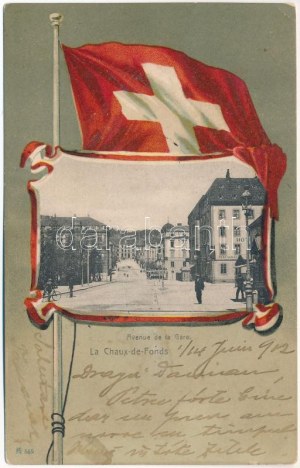 1902 La Chaux-de-Fonds, Avenue de la Gare / ulica Vie, hotel a reštaurácia, električka. Delachaux & Niestle Série G. No. 3...
