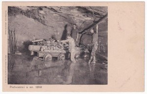 1906 Simplon, Perforatrici a mt. 12568. / Mine d'or, intérieur avec machine de forage et ouvriers (EK)