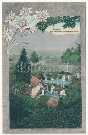 Kobarid, Karfreit, Caporetto; treh mlinov / Mühlen. Jugendstil, floral (Nassschaden)