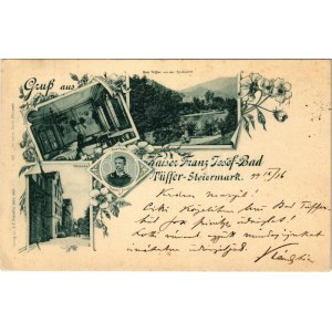 1899 (Vorläufer) Lasko, Tüffer ; Kaiser Franz Josef-Bad, Bad Tüffer von der Rückseite, Speisesaal, Veranda...