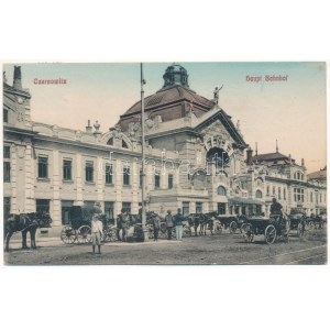 1913 Chernivtsi, Czernowitz, Cernauti, Csernyivci (Bukovina, Bucovina, Bukowina) ; Hauptbahnhof / gare, chevaux...