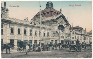1913 Chernivtsi, Czernowitz, Cernauti, Csernyivci (Bukovina, Bucovina, Bukowina); Hauptbahnhof / nádraží, koňské...